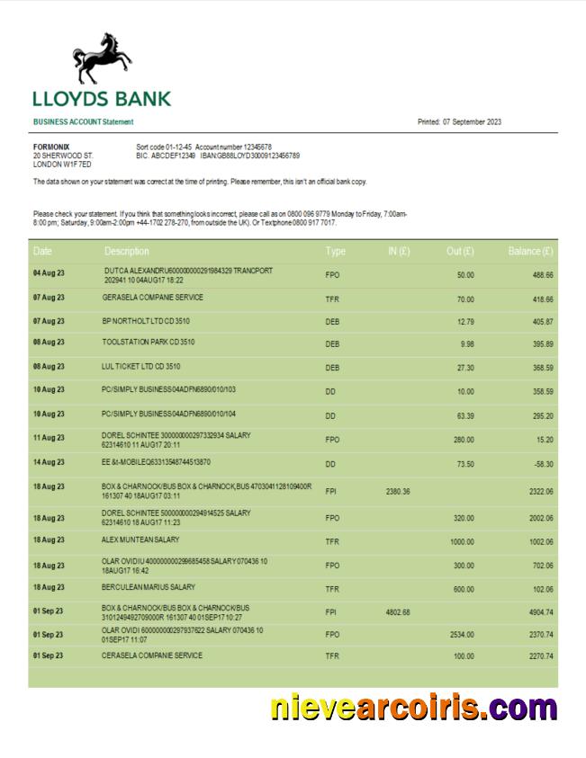 Lloyds Bank business account statement